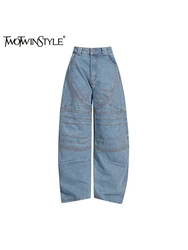 TWOTWINSTYLE Solid Asymmetrical Casual Loose Denim Pants For Women High Waist Patchwork Button Wide Leg Pants Female Fashion New