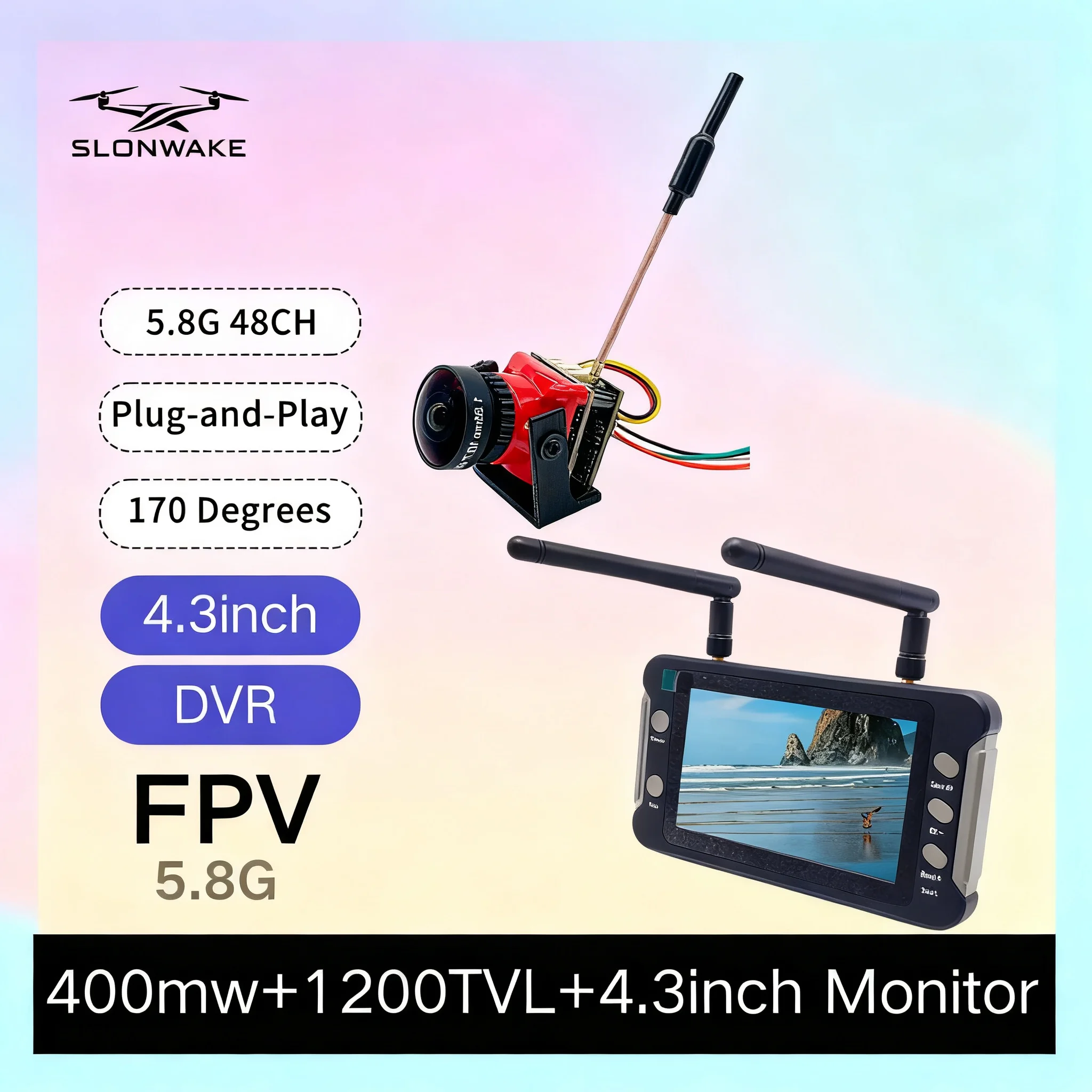 

SLONWAKE 5,8G 48CH FPV 400 МВт VTX 1200TVL Камера 4,3-дюймовый монитор для гоночных дронов, радиоуправляемых автомобилей и моделей самолетов с неподвижным крылом Dro