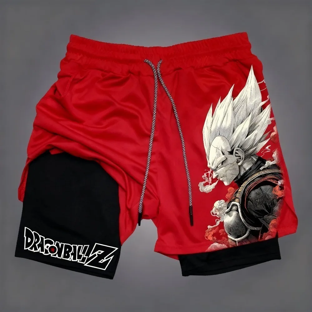 Dragon Ball Anime Goku Periphere bedruckte doppellagige Shorts, amerikanische sportliche Sommerhose für Herren, lockere und atmungsaktive Hose