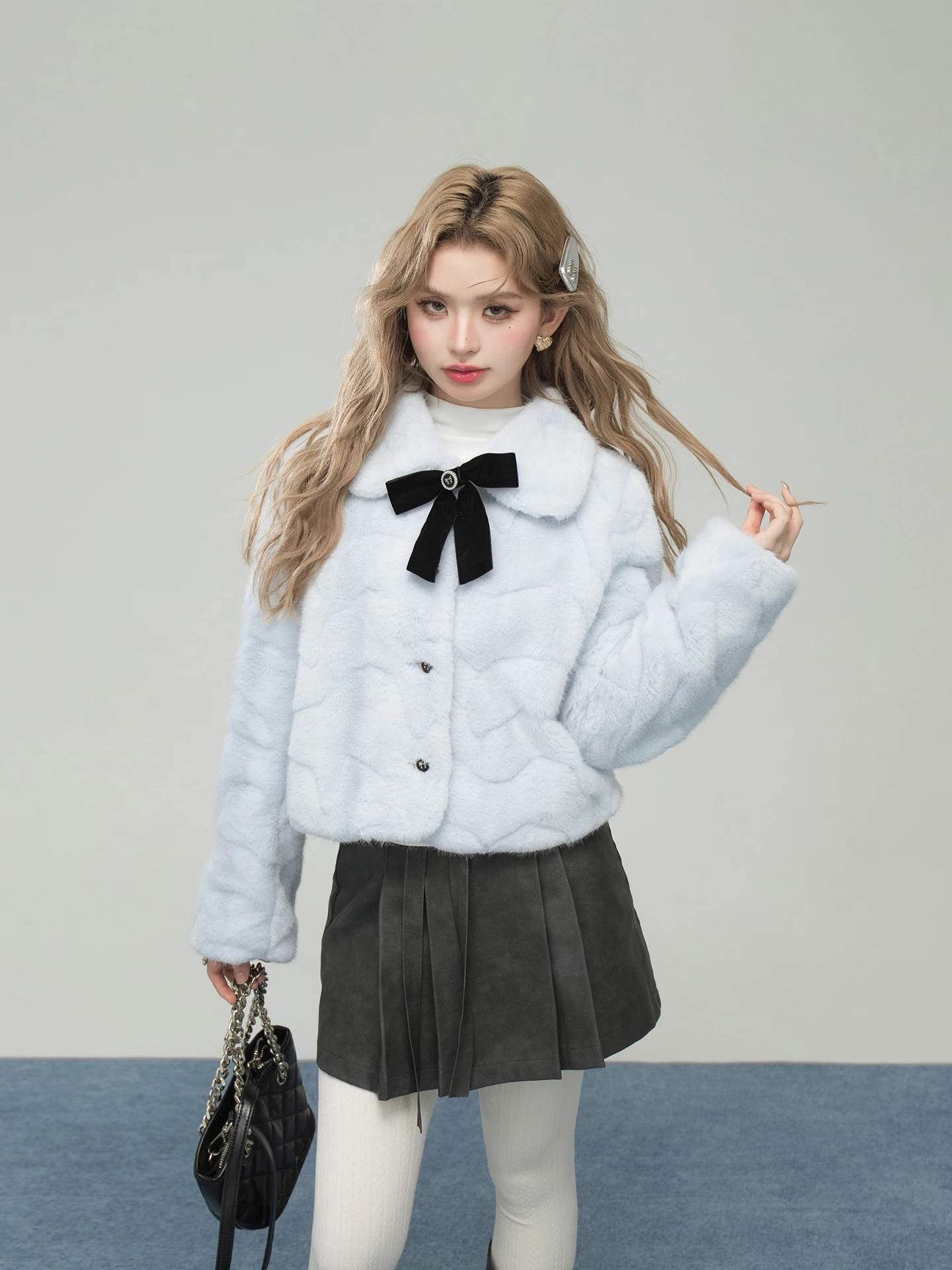 

ONEOFUUU ort Doll Collar Fur Coat Cloud Blue Elegance Sweet Sle Loose Fit Long Sve Polyester Fabric Winter Outerwear