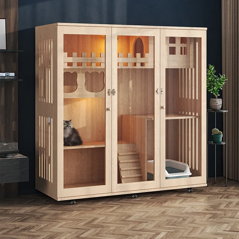 Cat Villa Solid Wood Household  House  House  Cage  Nest Wooden Deluxe Indoor   House Panoramic Glass Cabinet