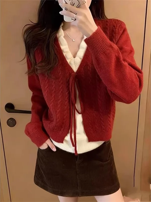 لينة محبوك الأحمر المتضخم سترة معطف شتاء جديد Sle فضفاضة تناسب ملابس خارجية مريحة كسول فتاة الشتاء الدافئة معطف ort
