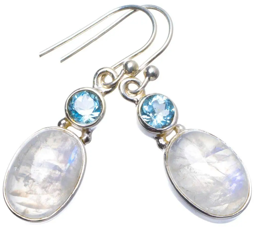 

StarGems® Natural Moonstone and Blue Topaz Handmade Unique 925 Sterling Silver Earrings 1.25" X3712