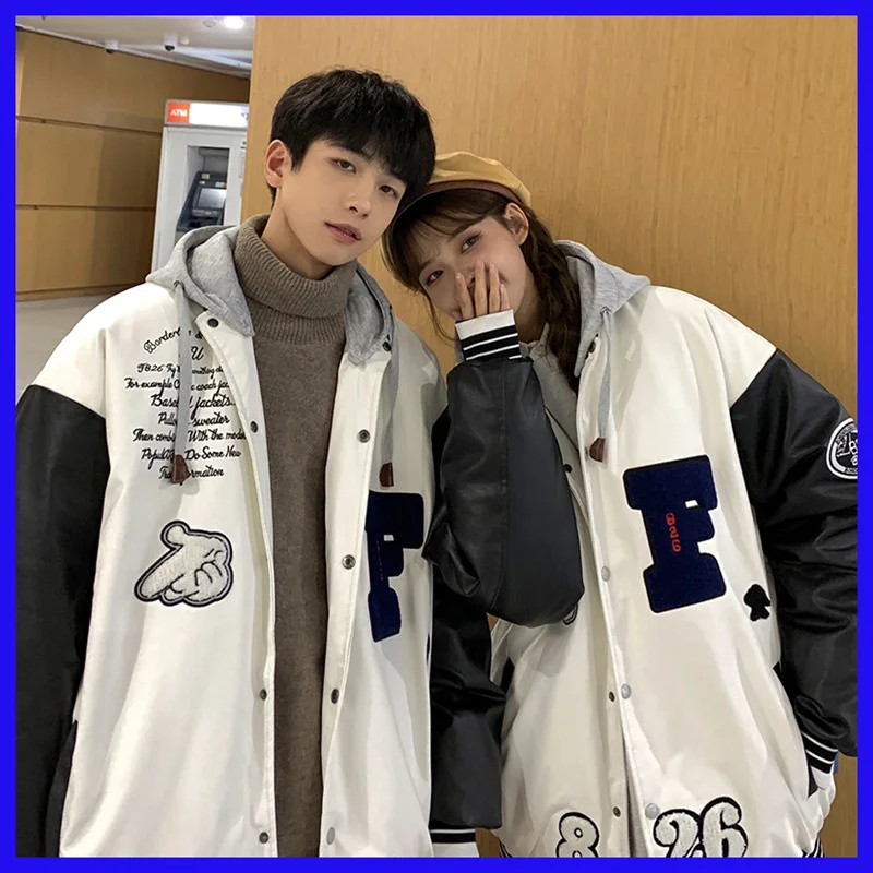 

Fashion Men's Pu Baseball Coat Student Flight Suit Couple Loose Color Matching Jacket Men Spring Autumn Hooded Embroidered Coats