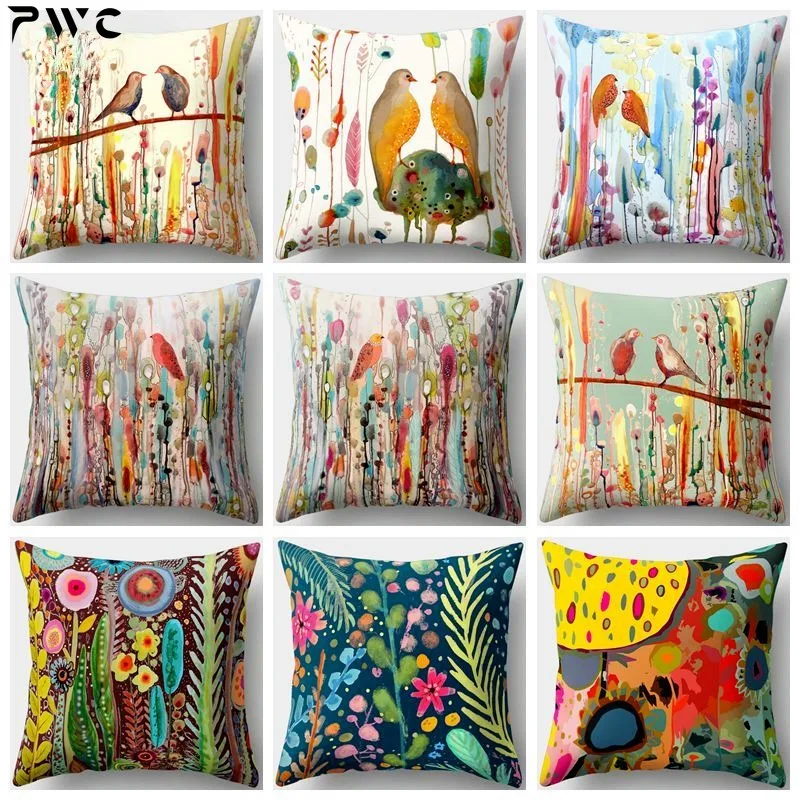 

45x45cm Bird Oil Painting Polyester Cushion Cover Plant Flower Pillow Case Home Decorative Pillows Cover For Sofa Car