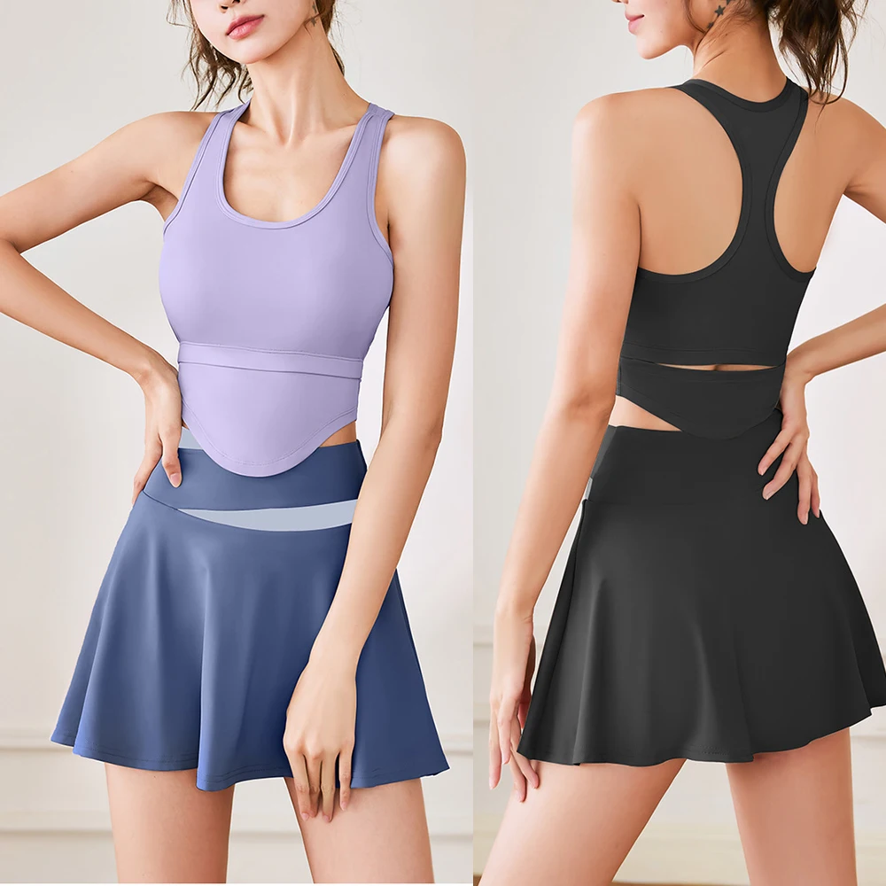 

Women Girl Sport Tennis Skirt Sexy Tight Vest Set 2 Piece Padded Top Sleeveless Cloth Mini Skort Running Gym Golf Sportswear