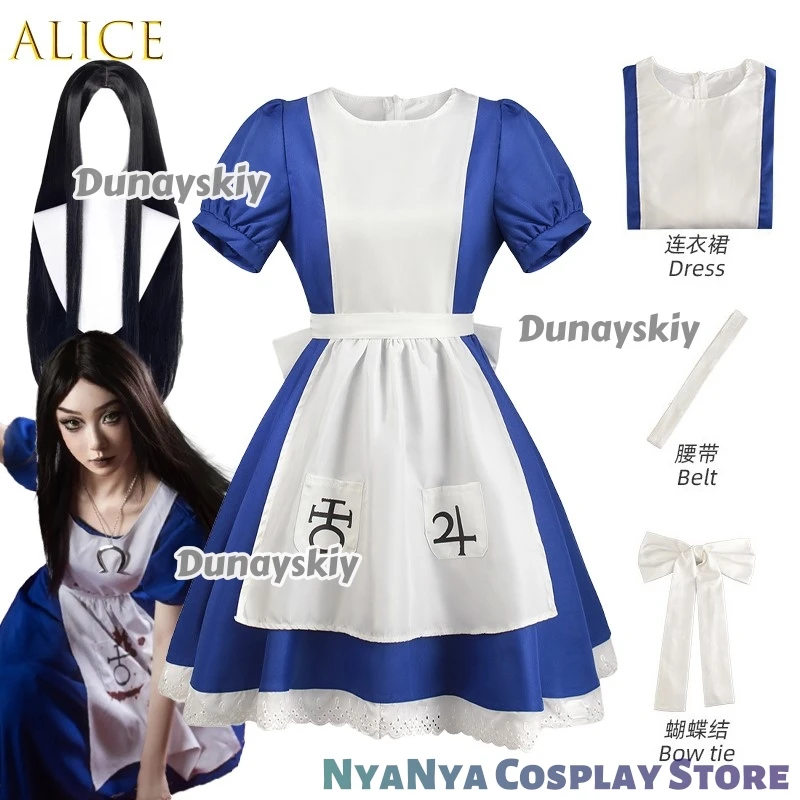 애니메이션 앨리스 공주 드레스 메이드 앞치마 드레스 게임 매드니스 코스프레 의상 여성 소녀 할로윈 파티 섹시 카와이 의상 여성용