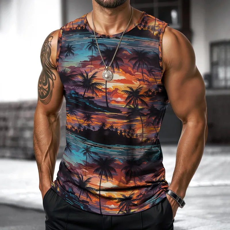 

Hawaii Men Vest Street Fashion Round Neck Sleeveless T Shirt Printed Daily Outdoor Sports Fitness Running Top Coconut Tree 2025