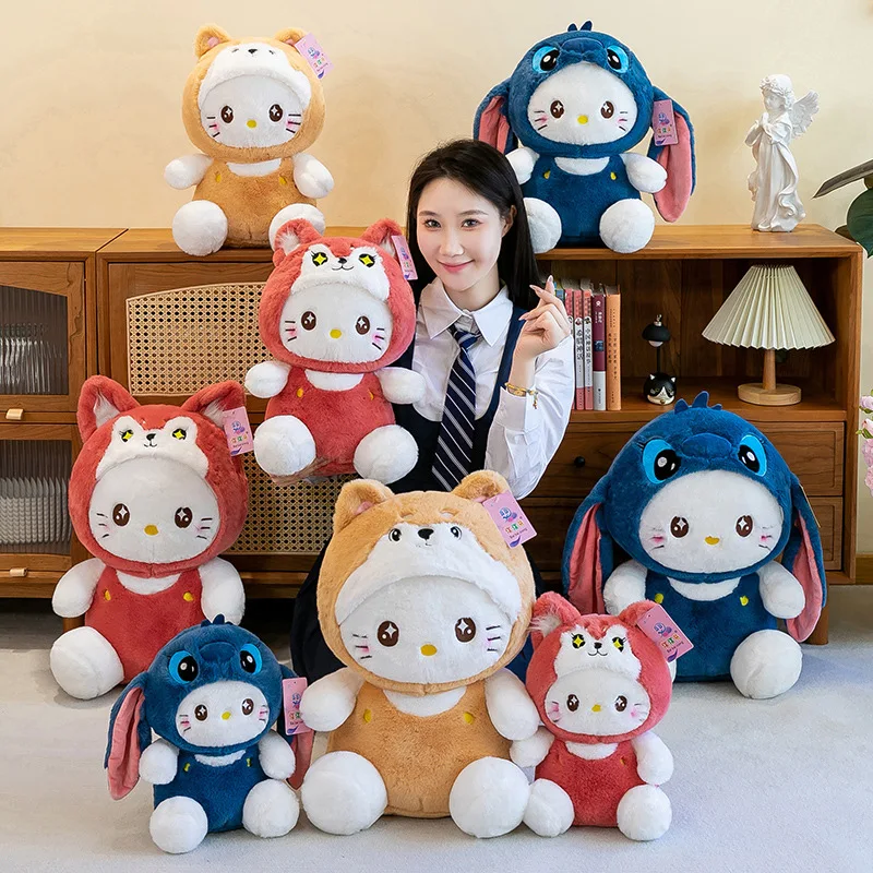 New 35-55cm Sanrio Hellokitty Plush Toys Transformation Stitch Anime Kawaii KT Cat Stuffed Dolls Plush Doll Kids Halloween Gifts