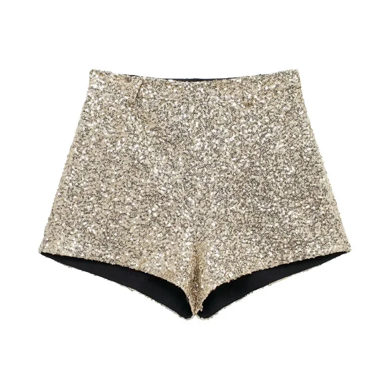 TRAF Pantaloncini da donna con paillettes dorate Pantaloncini glitter alla moda per ballare Pole dance Bermuda Y2K Streetwear Micro pantaloni corti