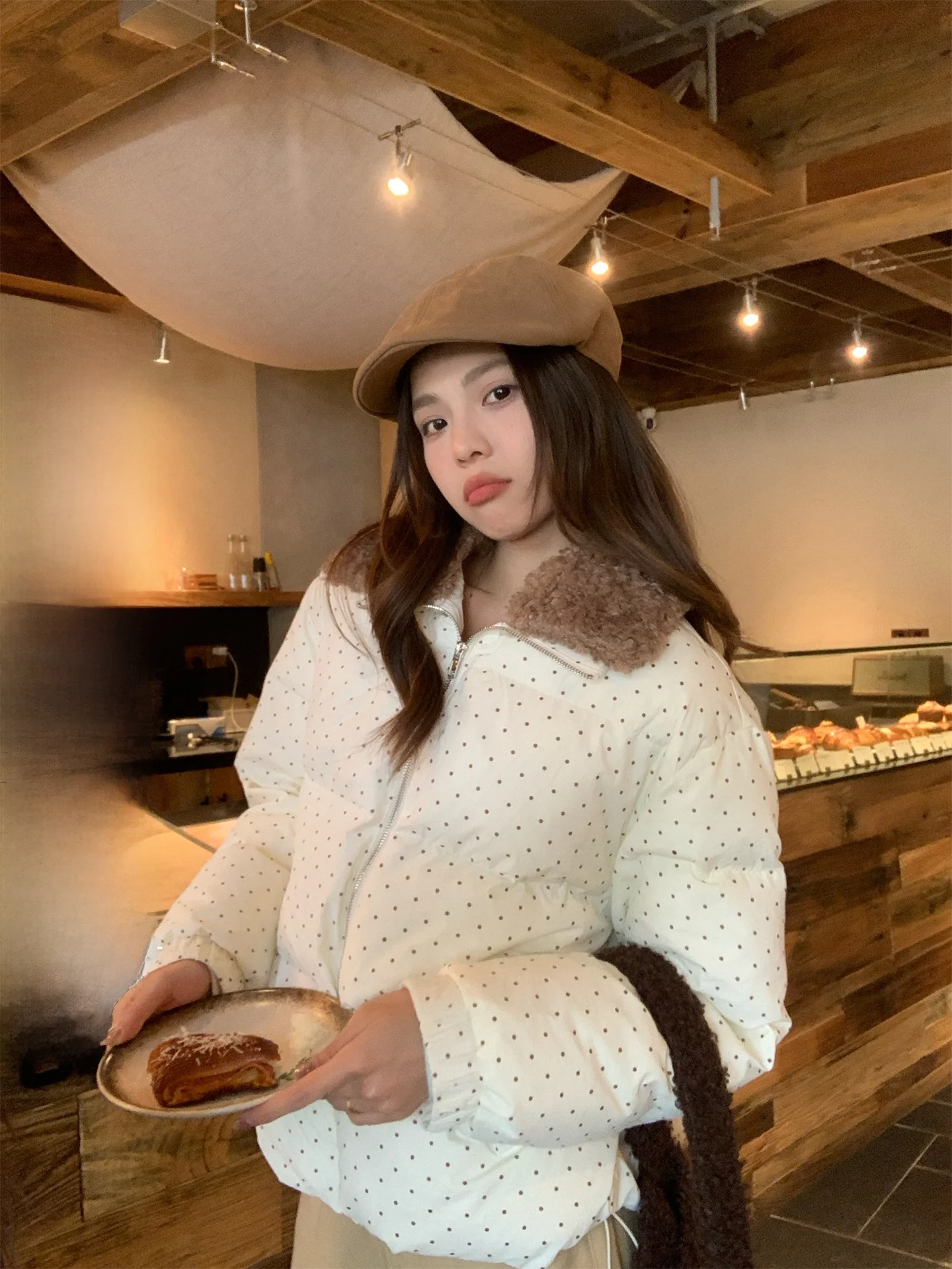 

Thi ort Dot Pattern Women's Coat Fur Collar Commute Sle Korean High-End Feel Winter Outerwear Sze Ning Song
