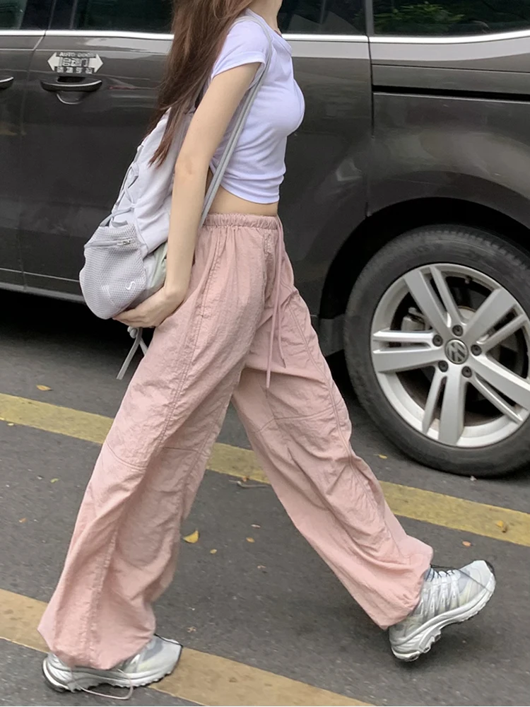 Summer All-Match Drawstring Lace-up Women Cargo Trousers Casual Cool Girl High Waist Solid Color Simple Sports Full Length Pants