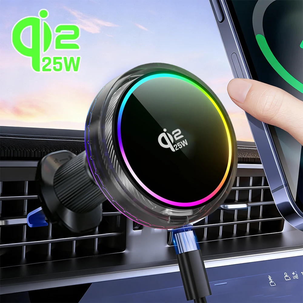 Air Cooling RGB Light Car Magnetic Qi2 25W Wireless Charger Phone Holder For Magsafe iPhone 17~12 Pro Max Fast Charging Stand
