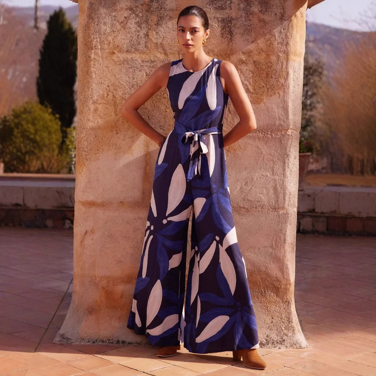 

Летние женские комбинезоны, брюки, лето 2021, модный комбинезон с круглым вырезом и принтом, широкие брюки, Vestido Elegante Dama