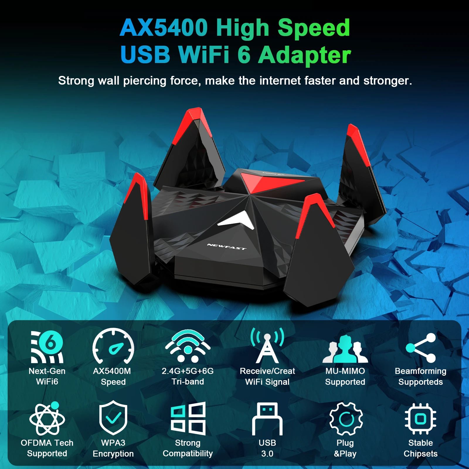 

NEWFAST 5400Mbps WiFi 6E USB WIFI Adapter WiFi Dongle Tri Band 2.4G/5G/6GHz USB3.0 WiFi 6 Network Card with 4*2dBi Antennas For desktop / Laptop