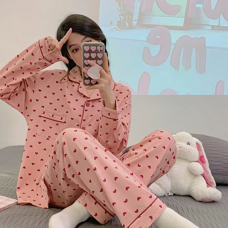 Frühling Herbst Mädchen Locker Sitzende Modische 2-teilige Loungewear-Sets Damen Langarm-Hosen-Set Pyjama mit Cartoon-Kragen und Herz-Motiv