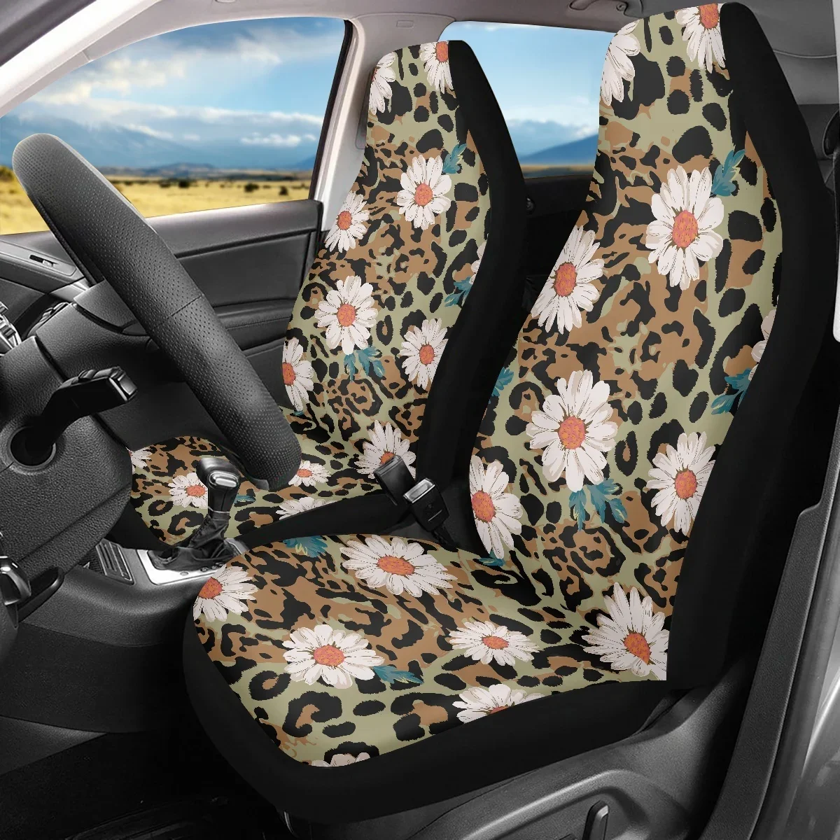 INSTANTARTS Leopard Little Daisy Print Car Vest Seat Covers Vehicles Front Vest Seat Protect for Auto Truck Comfort Seat Cushion