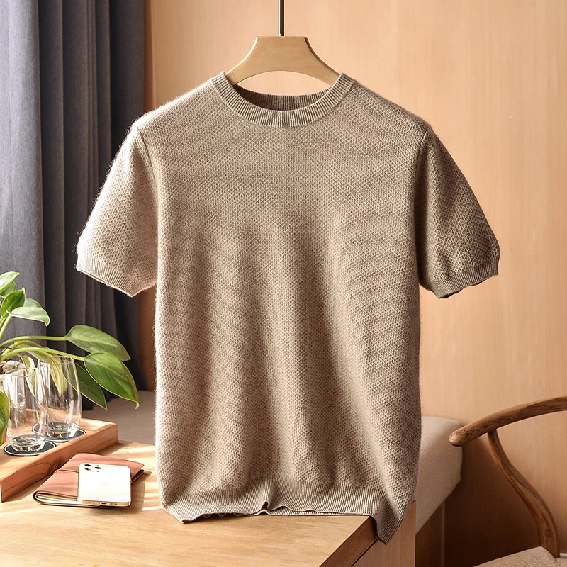 

100% Pure Cashmere T-shirt Men's Round neck Knitting Pullover 2023 Autumn and Winter New Style Short Sleeve Vest