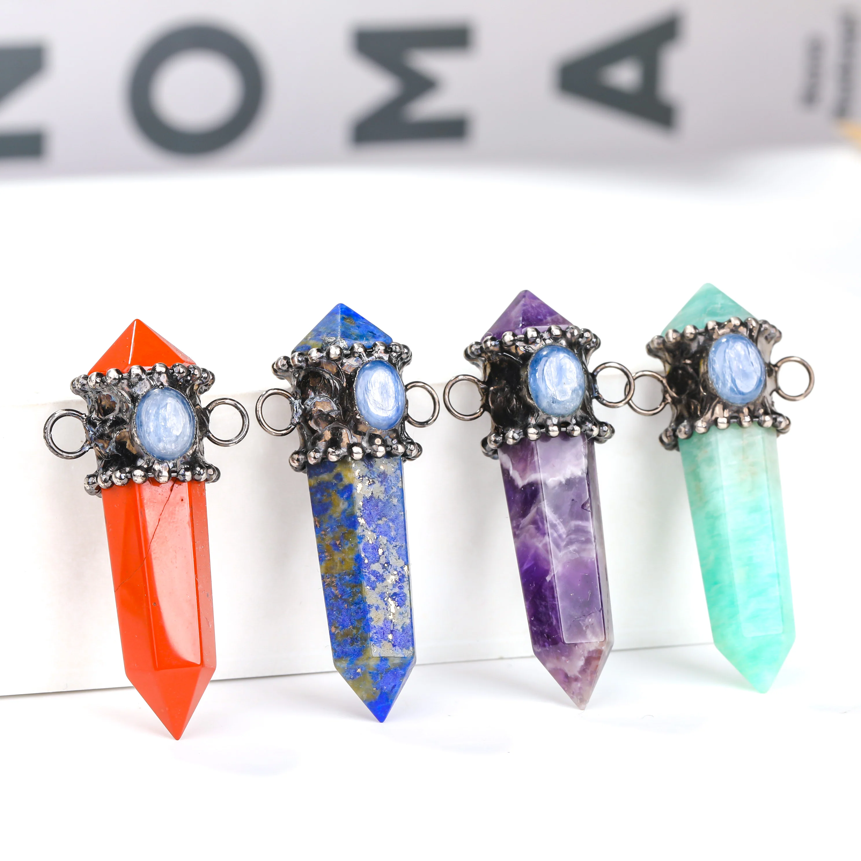 Double Point Crystal Stone With Electroplated Gunmetal Edge Amethyst Citrine Gemstone Pendant Connector Wholesale