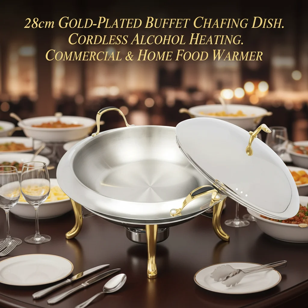 28cm Gold Stainless Steel Chafing Dish, 3.17Qt Buffet Warmer with Fuel Holder & Lid, Round Chafing Dish for Party Wedding Catering