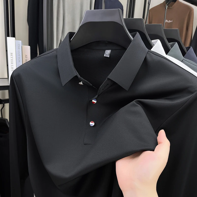 

TFETTERS 2025 Spring Autumn New Arrival Mens Long Sleeve Navy Polo Shirt Solid Color Smooth Soft Lapel Business Casual Tops