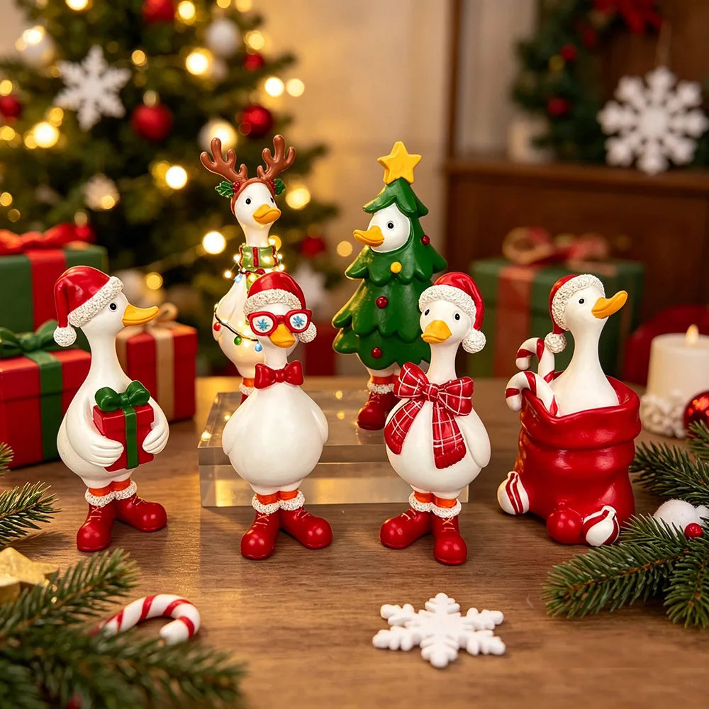 Christmas Reindeer Duck Figurine Decoration Resin Holiday Tabletop Ornament Goose Statue for Home Mantel Shelf Xmas Decor Gift