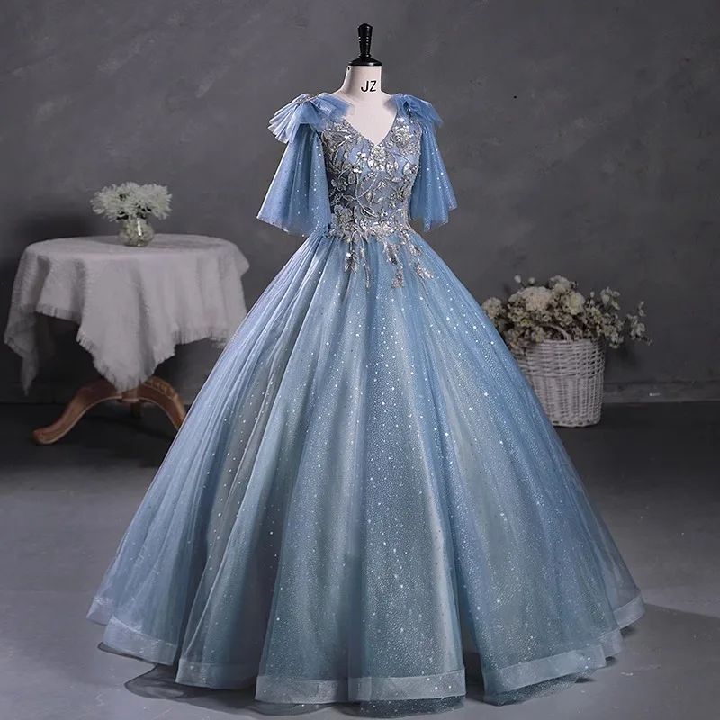 Blue Quincenara Dresses 2024 Sparkly Beading Sequin Tulle Quinceañera Dress Short Sleeves Sweet 16 Ball Gown Vestidos De 15 Años