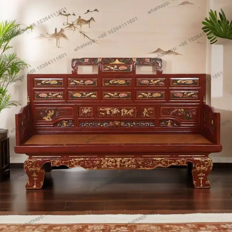 Elm wood Arhat bed is solid wood, classic Chinese sofa, carved floral gold-painted bed