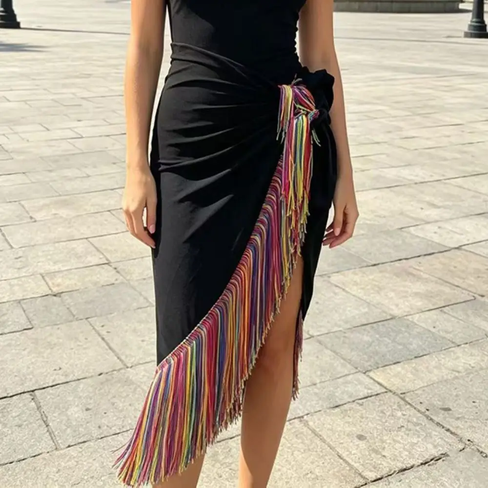 Irregular Hem Latin Dance Skirt Colored Fringe Square Strap Fringed Dance Skirt Tie-On Closure Fringed Texture