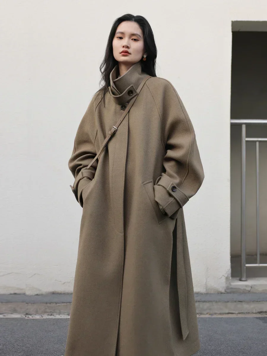 CHIC VEN Women's Long Trencn Coat Standing Belt Lace Up Woolen Coat Raglan Sleeves Long Overcoat Office Lady Autumn Winter 2024