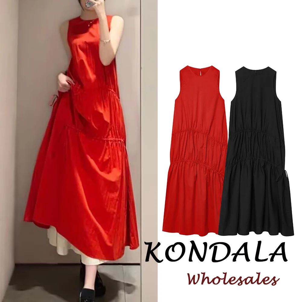 KONDALA Schickes Einfarbiges Rotes Plissiertes Damen Freizeitkleid Ärmellos Vestidos Streetwear Locker Modisch 2026 Urlaub Vintage Kleider