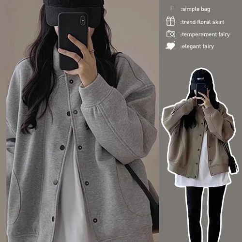 가을 겨울 후드티 외투 여성용 회색 루즈핏 아메리칸 스타일 후드티 후디 후드 스웨트셔츠 후드티 외투 후드티 