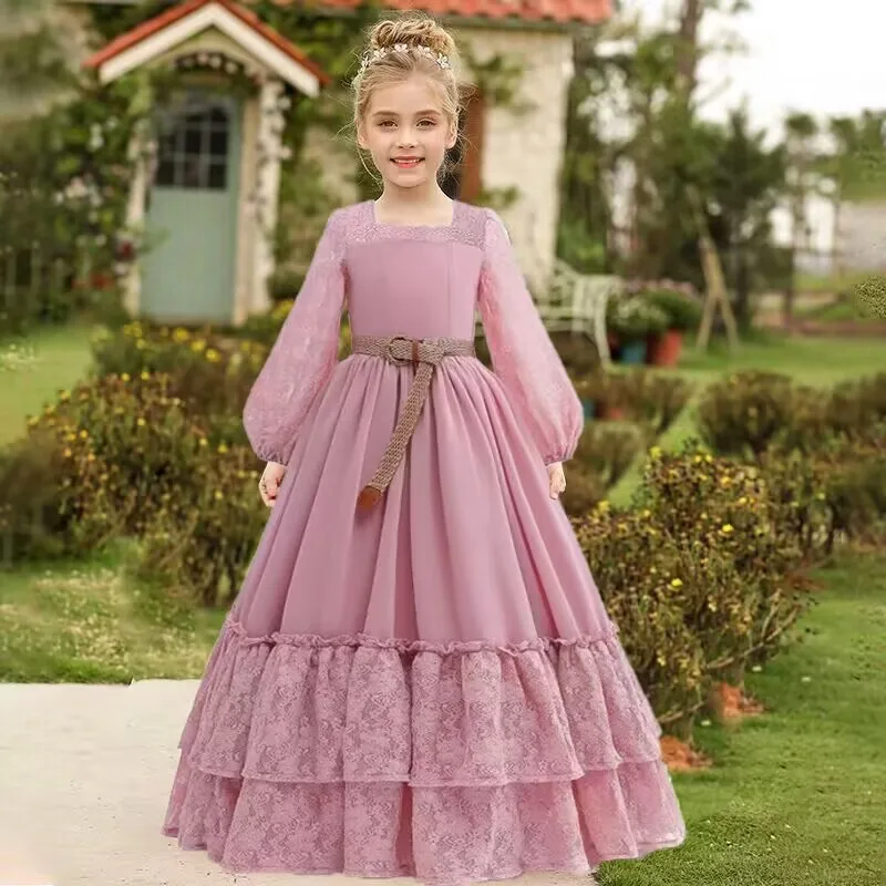 2024 New Baby Dress Birthday Party Chiffon Lace Girl Princess Dress Long Girl Fluffy Elegant Evening Dress Long Dress