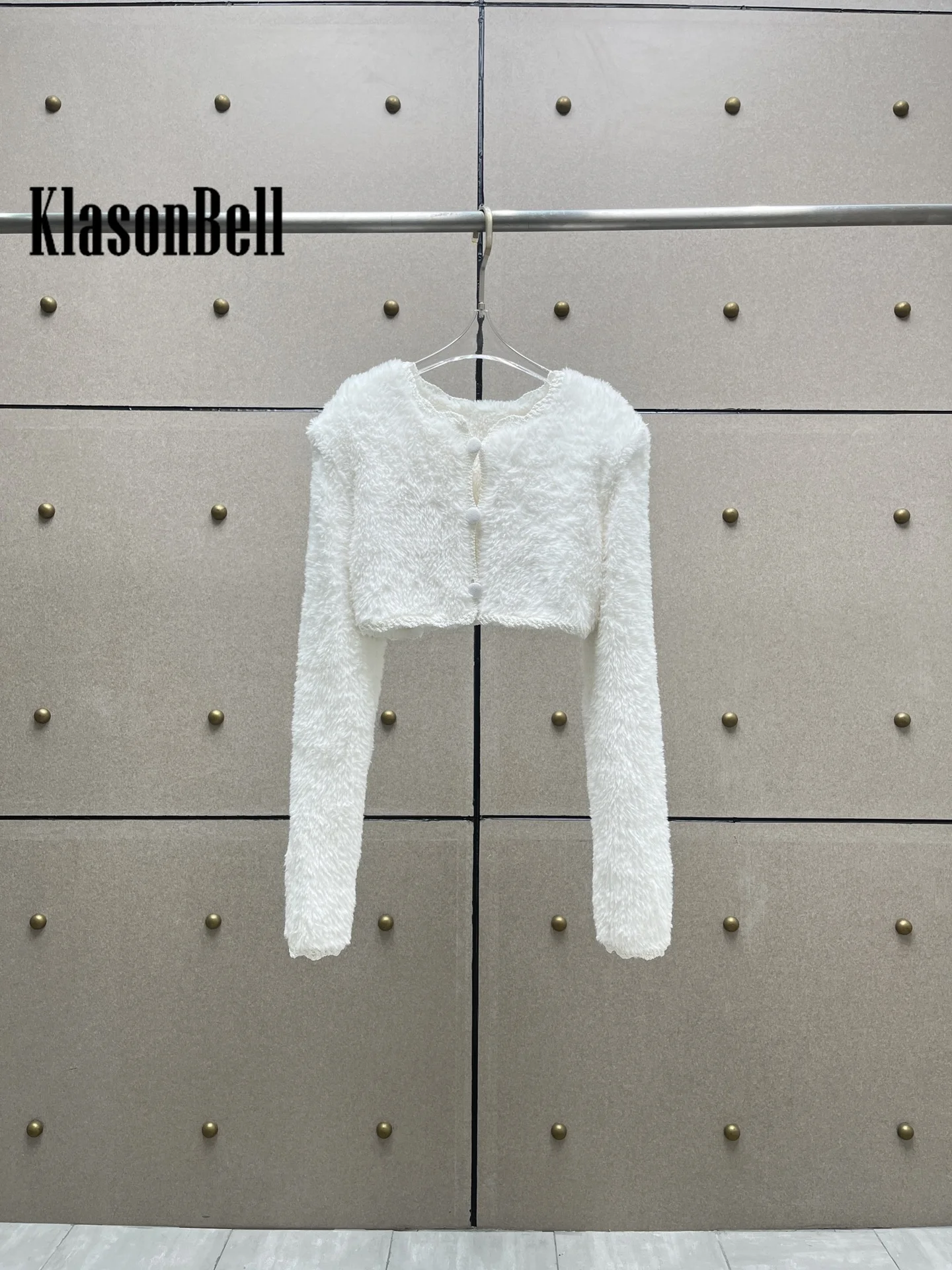 7.29 KlasonBell Women Hand Crochet Knit Single Breasted Crop Plush Coat O-Neck Long Sleeve Temperament White Cardigan