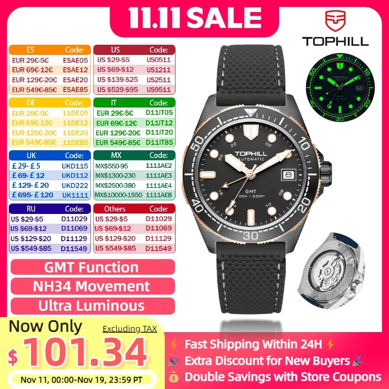 TOPHILL NH34 Movement Men's Automatic Watch Diver GMT Ceramic Bezel BGW9 Super Luminous 100M Water-Resistant Sapphire Gift