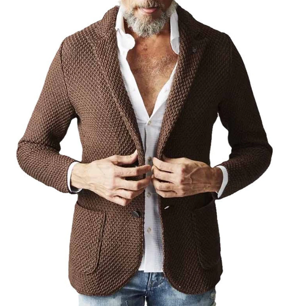 

Autumn And Winter Mens Fashion Trend Lapel Solid Color Suit Casual Thickened Knitted Jacket Middle-Aged Business Slim Coat Men