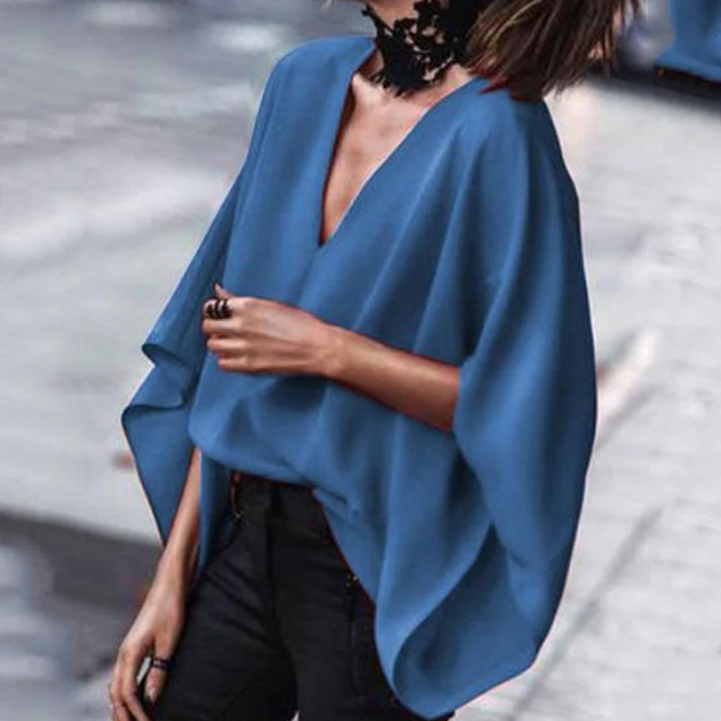 Women Fashion Casual Solid Color Deep V-Neck Blouses 2024 New Spring Summer Batwing Sleeves Loose Shirts Tops