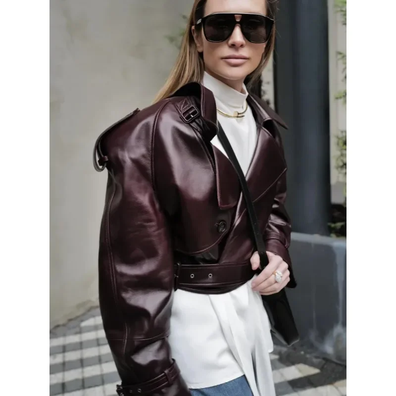 

Elegant Vintage Wine Red Lapel Long Sleeve Jacket Chic Belt Slim Cropped Coat Spring Fashion Lady High Street Party Outerwear