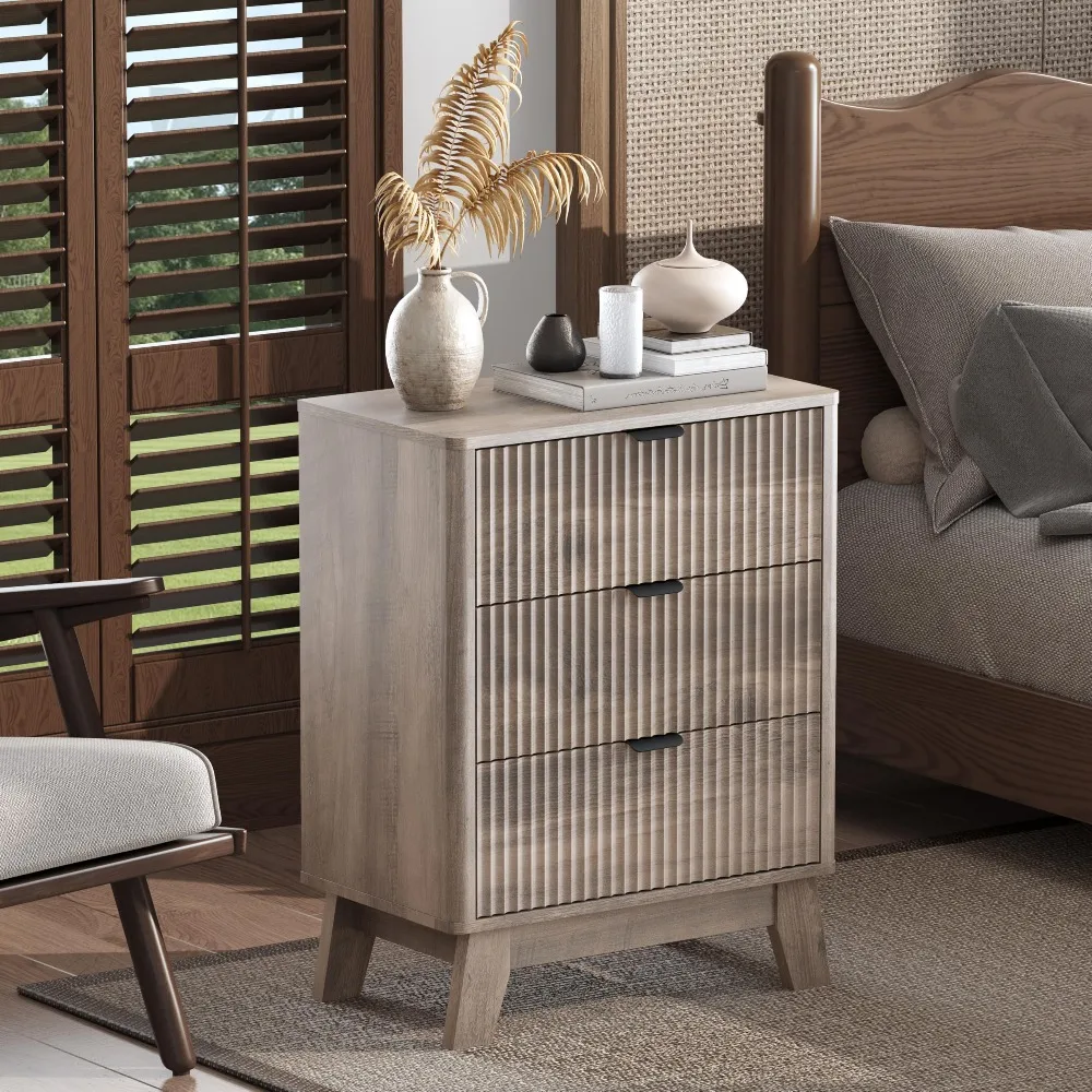 Night Stand with 3 Drawers, Mid Century Modern Wood Bedroom Nightstand, Bedside Table & End Table with Metal Handles