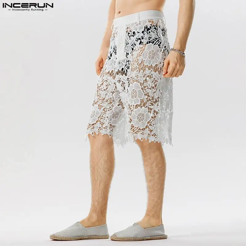 Men Shorts Lace Transparent Sexy Solid Color Zipper Men Bottoms Summer Streetwear 2024 Unisex Fashion Party Shorts S-5XL INCERUN