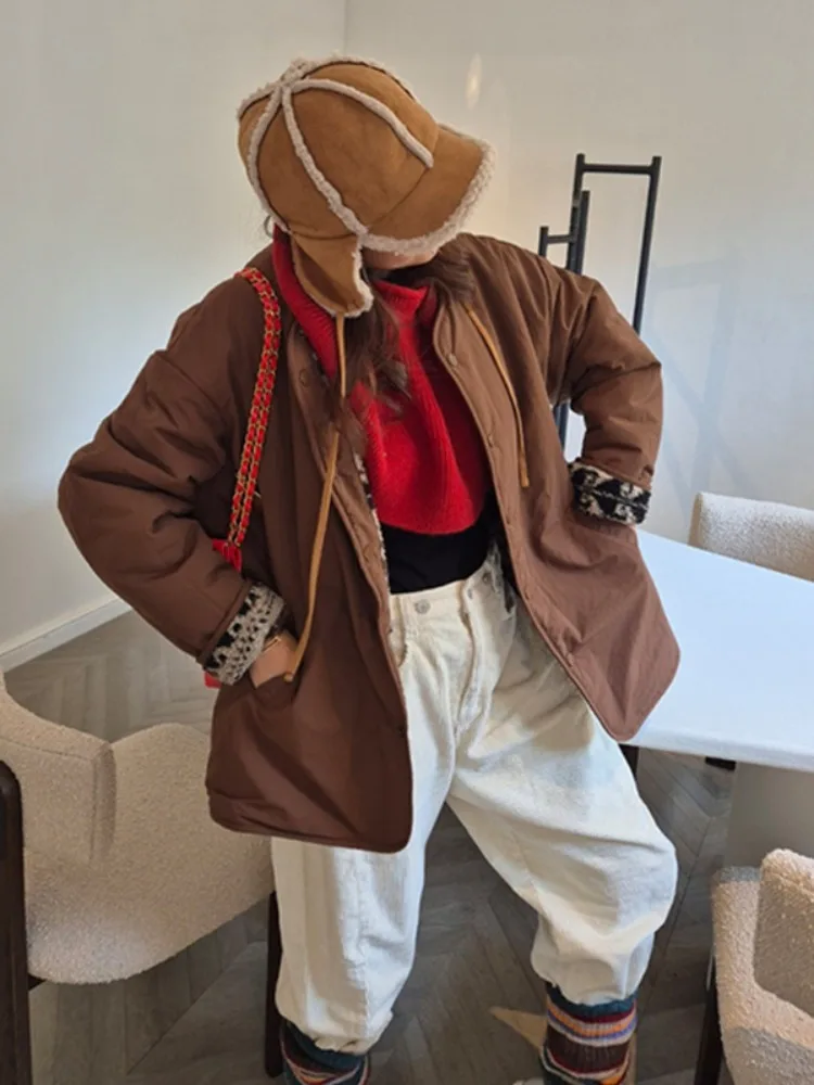 على الوجهين يمكن ارتداؤها فرو الضأن Jaet المرأة فضفاضة تناسب معرض جزيرة منقوشة ملابس خارجية ربيع الخريف الشتاء عادية Sle #5