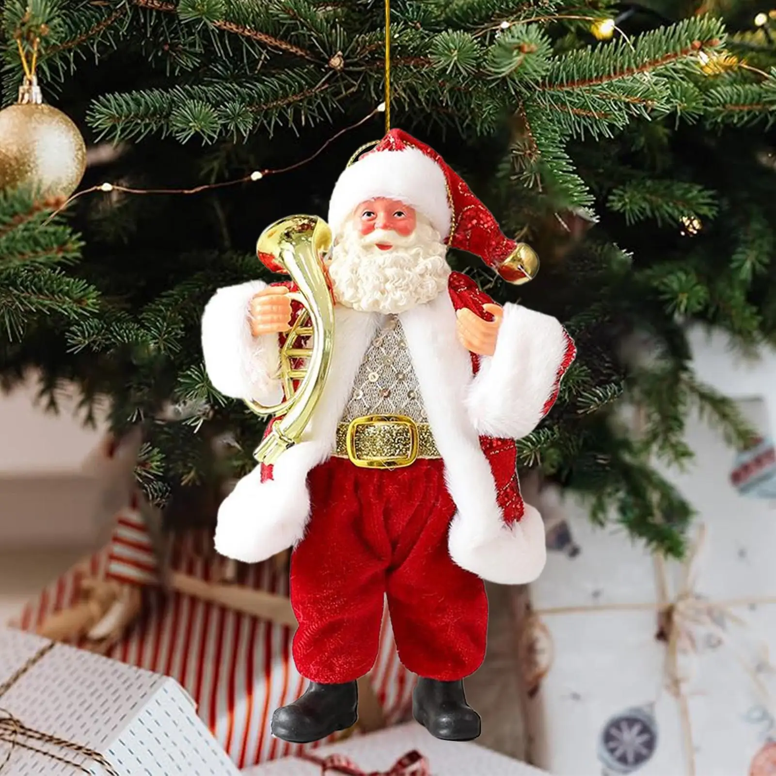 7 Inch Christmas Ornament Santa Claus Figurines Festive Santa Statue Holding Instruments for Tree Shelf Window Table Indoor