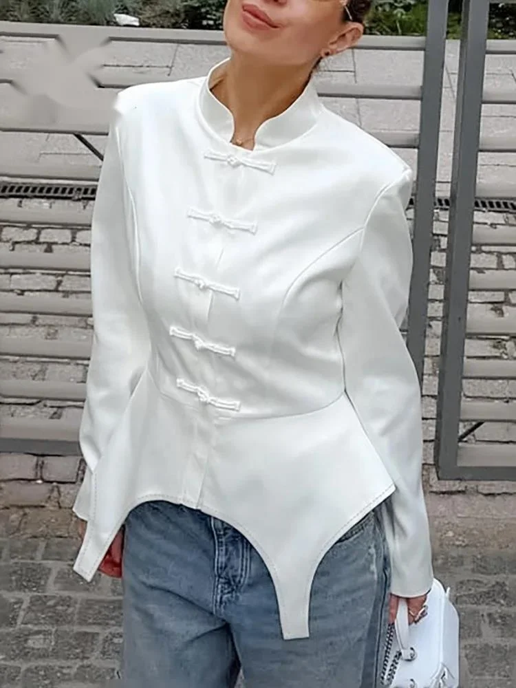 Senior Chic Satin Blazer Women Irregular Hem Stand Neck New Chinese Style Blouses Autumn Casual Commute Outerwear