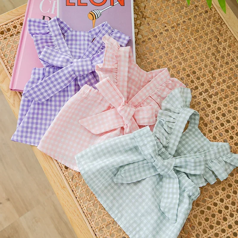 Summer Dog Dress Cute Puppy Plaid Bowknot Skirt Cat Princess Dress Chihuahua Yorkie Sweet Skirt Pet Clothes