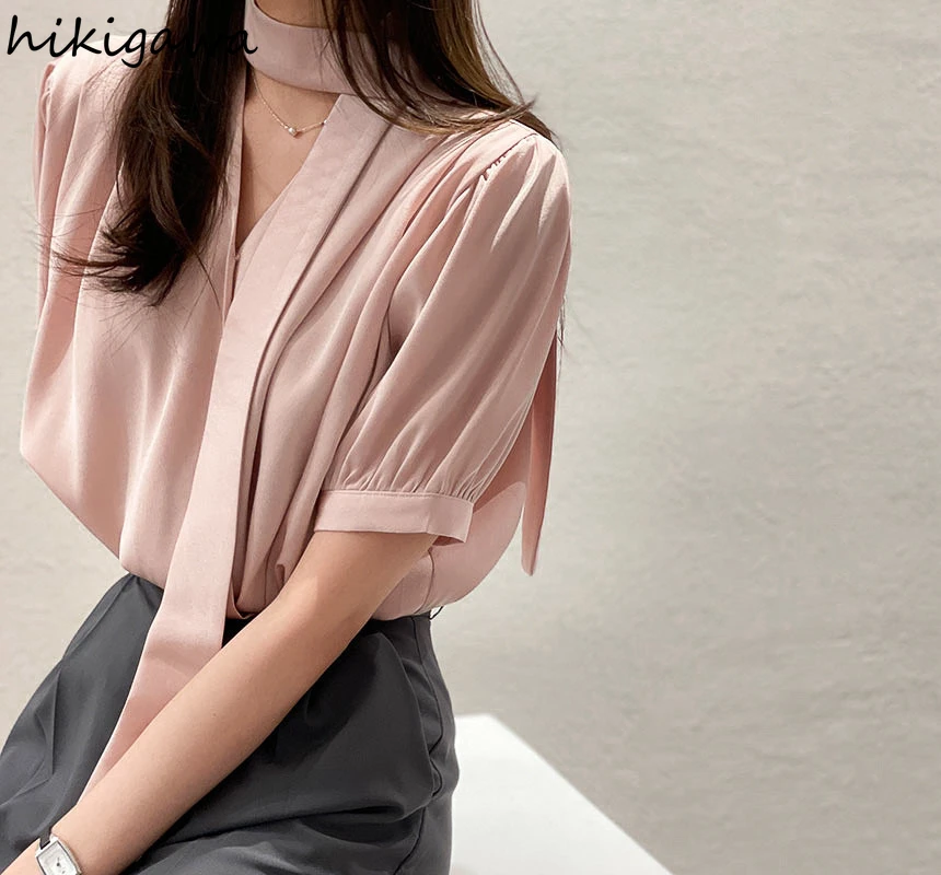 Korean Chic Blouses for Women V-neck Puff Sleeve Solid Color Shirts 2024 Blusas Mujer De Moda Vintage Summer Elegant Blouse Tops