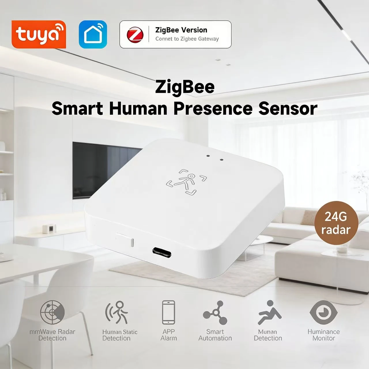 

Датчик присутствия человека 24G Smart Tuya Zigbee (радарный), поддержка Alexa и Google Assistant, для умного дома