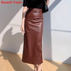 Women's Ankle Long Leather Skirt with Waist Belt Female Soft genuine Leather Back Split Straight Jupe Slimming 85 cm Maxi Faldas