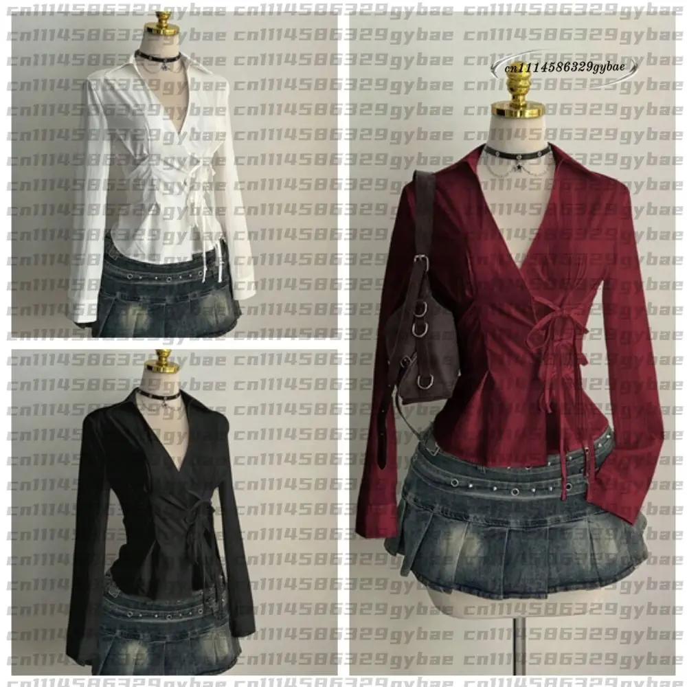 2026 Fashion Long-sleeved Slim Fit Shirt V-neck Harajuku Office Aesthetic Blouse Y2K Women Tie-Waist Shirt Spring Summer