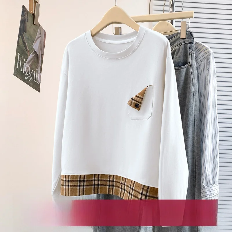 Trendy Plaid Splicing Loose Casual round Ne Women's T-irt Korean Sle Sweatirt Age Reduction Classic Faion Design