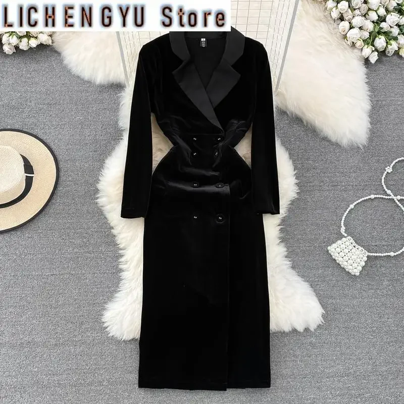 New Sweet Style Women's Split Double-breasted Pleuche Notched A-line Solid Color High Waist Dress Autumn New Dresses